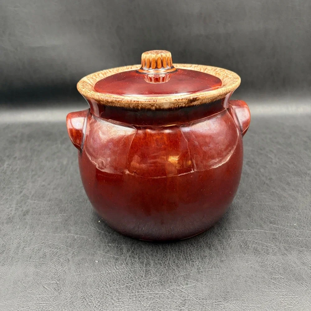 Vintage Hull Pottery Mirror Brown Drip Glaze Bean Pot with Lid Oven Proof USA